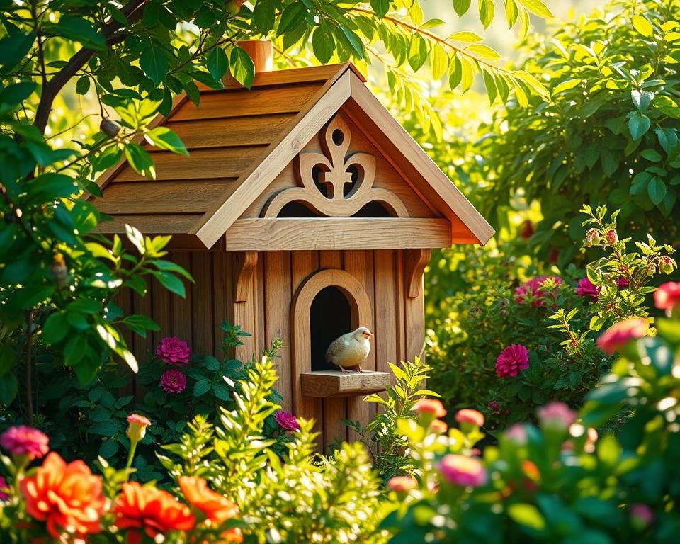 A cozy, well-designed bird house nestled in a lush, verdant garden. The structure features intricate wooden paneling, a sloped roof, and a charming perch for feathered occupants. Warm, natural lighting filters through the surroundings, casting a soft, inviting glow. The enclosure is situated amidst thriving foliage, with vibrant flowers and shrubs adding pops of color. The scene conveys a sense of tranquility and harmony, perfectly suiting the "Monitoring Flock Well-Being" section of the article on poultry environmental enrichment.