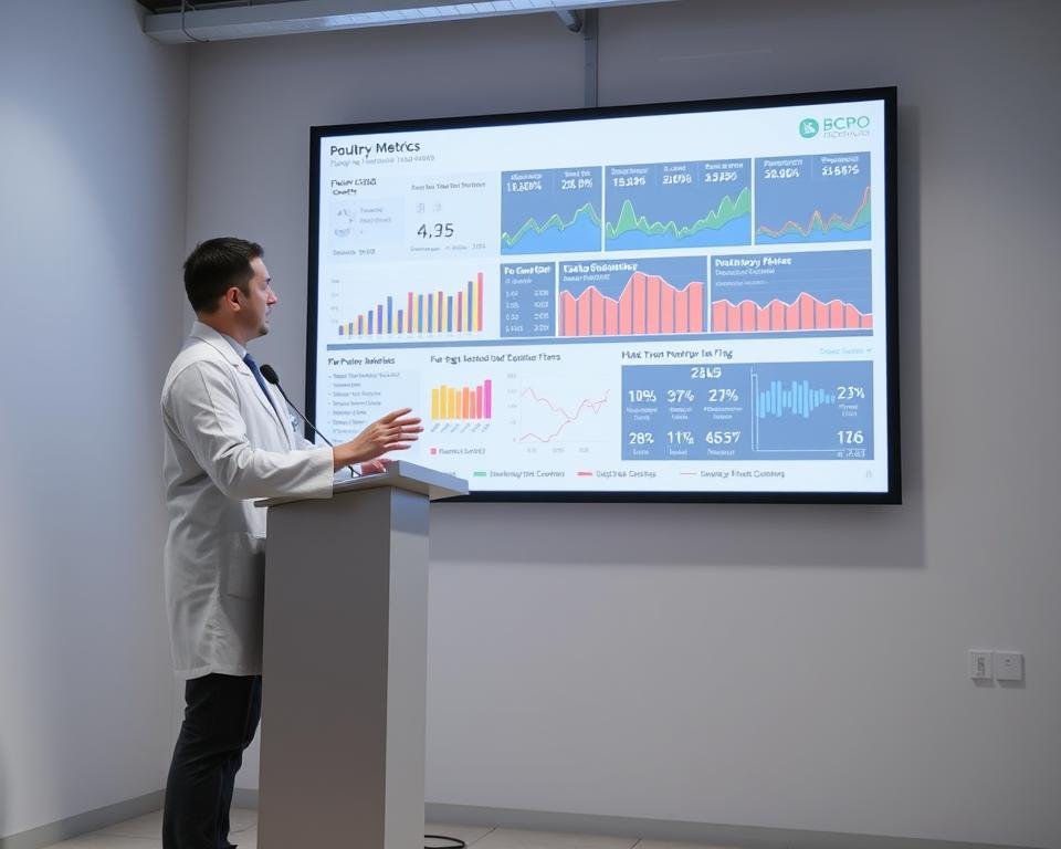 A data scientist standing at a podium, analyzing a detailed chart of poultry farm metrics projected on a large screen behind them. The chart displays colorful graphs, statistics, and trends related to factors like egg production, feed consumption, and mortality rates. The data scientist is gesturing dynamically, dressed in a crisp white lab coat, surrounded by a clean, minimalist setup with a modern, tech-forward aesthetic. Soft, directional lighting casts subtle shadows, emphasizing the importance of the data analysis. The overall mood is one of analytical rigor, technological sophistication, and a commitment to evidence-based decision-making in the poultry industry.