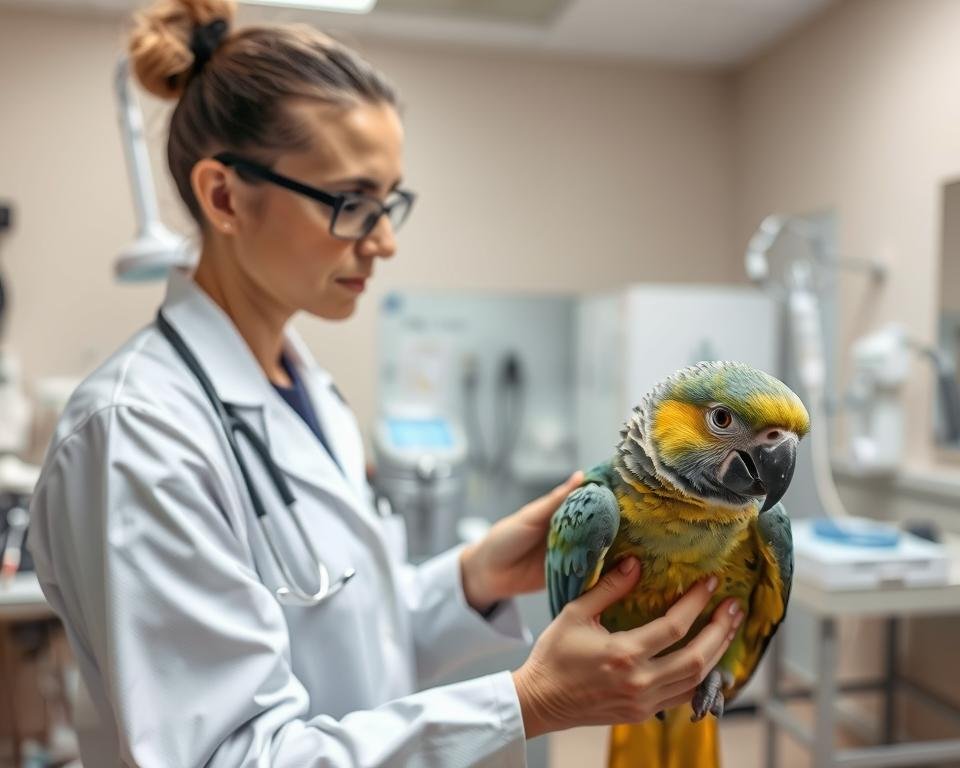 A detailed avian health assessment taking place in a well-lit veterinary clinic. In the foreground, a veterinarian gently examines a parrot's plumage, checking for any signs of distress or illness. The middle ground features various medical instruments and diagnostic equipment, conveying the professionalism and expertise of the clinic. The background showcases clean, sterile surfaces and calming, neutral-toned decor, creating a serene and trustworthy atmosphere. The lighting is soft and directional, highlighting the veterinarian's careful attention to the bird's wellbeing. The overall scene emphasizes the importance of thorough, compassionate avian healthcare.