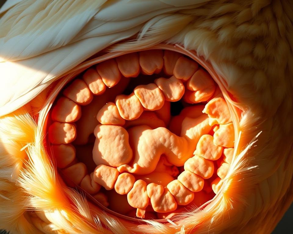 A detailed cross-section view of the digestive system of a mature chicken, showcasing the nutrient absorption process. The scene is illuminated by soft, natural lighting from the side, casting subtle shadows and highlights that accentuate the organ structures. The foreground features the small intestine, with its intricate villi and microvilli lining the inner walls, actively absorbing a variety of essential nutrients. In the middle ground, the stomach and gizzard are visible, demonstrating how food is broken down and prepared for further digestion. The background subtly depicts the surrounding abdominal cavity, providing context and scale. The overall tone is one of scientific accuracy and visual clarity, aiding the understanding of the impact of age on poultry nutrient digestibility.