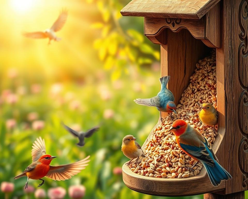A detailed illustration of a bird feeder filled with a variety of nutritious seeds and grains, set against a warm, sunlit background with a lush green garden in the distance. The feeder is crafted from weathered wood, with intricate carvings and a rustic charm. Beams of golden light filter through the leaves, casting a soft, natural glow over the scene. In the foreground, several vibrant songbirds flutter and perch, eagerly consuming the high-quality avian feed. The image conveys the importance of proper nutrition for the health and hatchability of birds, with a focus on the diverse food sources essential for their well-being.
