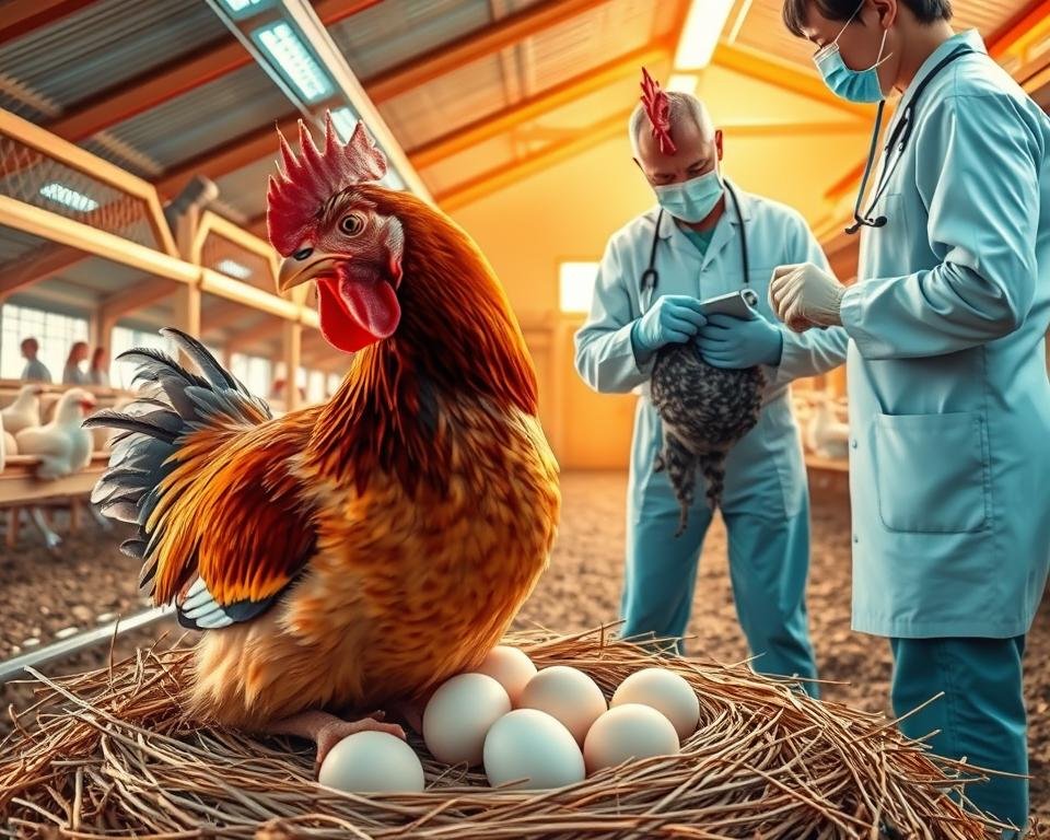 A detailed, informative illustration of avian reproductive health management practices. In the foreground, a brooding hen carefully tending to her nest of eggs, conveying the delicate care required. In the middle ground, a veterinarian examines a rooster, assessing its physical condition and overall health. The background depicts a well-equipped aviary, with proper lighting, ventilation, and housing to support optimal breeding conditions. The scene is bathed in warm, natural lighting, creating a serene, professional atmosphere that emphasizes the importance of responsible aviculture practices.