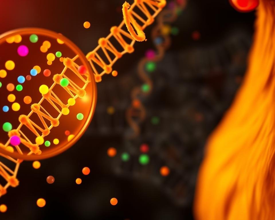 A detailed microscopic view of genomic markers for poultry breeding. In the foreground, a magnified section of a chicken genome, the DNA strands illuminated by a warm, soft light. Scattered throughout, distinct genetic markers highlighted in vivid colors, signifying key traits like disease resistance, growth rate, and egg production. In the middle ground, an array of stylized chromosomes, their intricate structures visible under a high-powered lens. The background subtly blurred, evoking a sense of scientific exploration and discovery. The overall mood is one of scientific precision and the promise of genetic advancements in poultry.