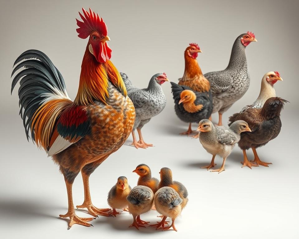 A detailed, scientifically accurate illustration of key poultry traits, showcased in a clean, well-lit studio setting. In the foreground, a proud rooster displays its vibrant plumage, intricate comb, and powerful beak - hallmarks of vigor and health. In the middle ground, a hen gently nurtures her newly hatched chicks, exemplifying maternal instincts and productivity. The background features diverse breeds, each with distinctive feather patterns, body shapes, and leg structures, highlighting the breadth of genetic potential in poultry. Subtle studio lighting accentuates the texture and contours of the birds, while a neutral backdrop allows the subject to take center stage. The overall mood is one of scientific curiosity and appreciation for the remarkable phenotypic diversity within the poultry species.