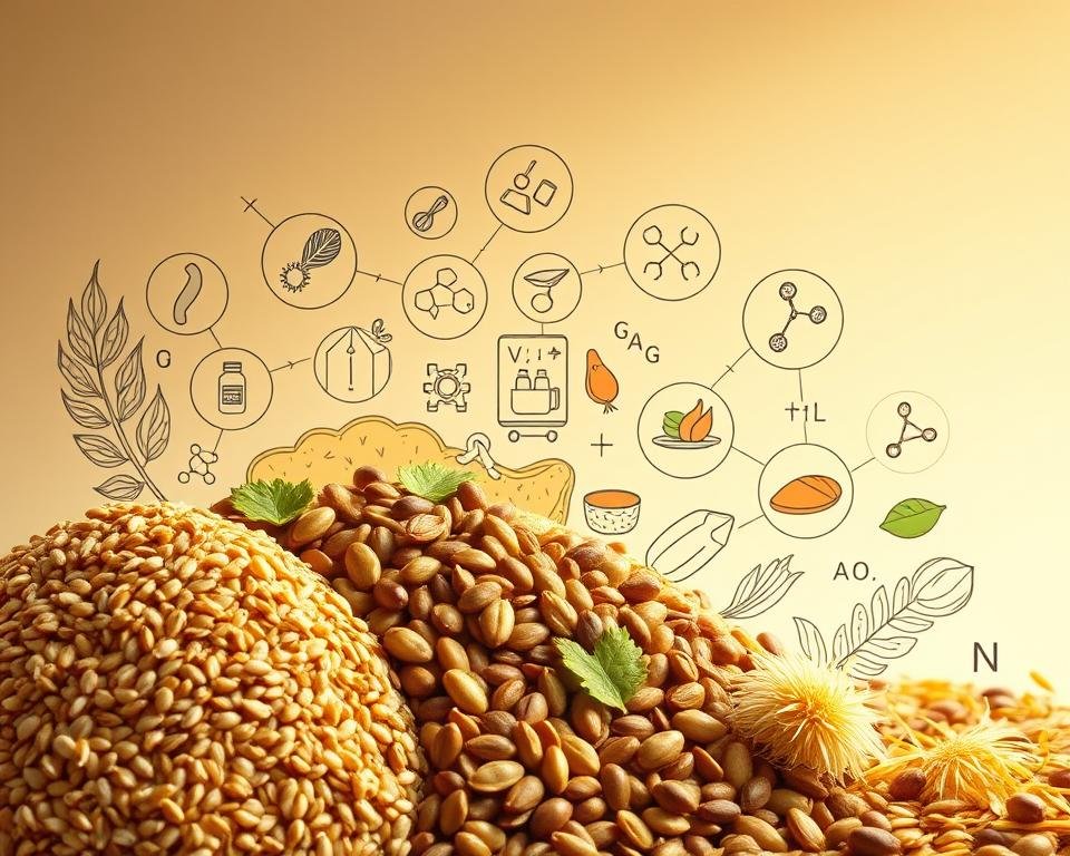 A detailed, scientifically-accurate illustration of various essential nutrients for poultry, arranged in a thoughtful composition. In the foreground, a selection of whole grains, seeds, and legumes, representing the core components of a balanced poultry diet. In the middle ground, visual representations of key vitamins, minerals, and proteins, such as stylized icons or molecular structures. In the background, a subtle, muted pattern reminiscent of feathers or a hatchery environment, conveying the context of avian nutrition. Warm, natural lighting casts a soft glow, creating a sense of health and vitality. The overall tone is informative and educational, suitable for inclusion in a scientific publication on heat stress management in poultry.