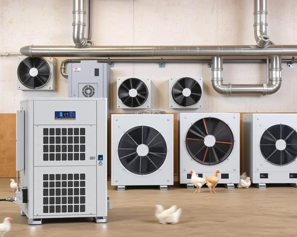 A detailed view of various climate control equipment for a poultry farm, showcased in a well-lit, industrial-style setting. In the foreground, a modern HVAC unit with sleek, minimalist design stands prominently, its digital display and controls visible. In the middle ground, several fans, cooling towers, and ductwork are neatly arranged, conveying a sense of integrated, efficient climate management. The background features a clean, neutral-toned wall, allowing the equipment to be the focal point. The overall composition emphasizes the technical complexity and cost-effectiveness of these climate control systems, essential for maintaining optimal conditions in a poultry farming environment.
