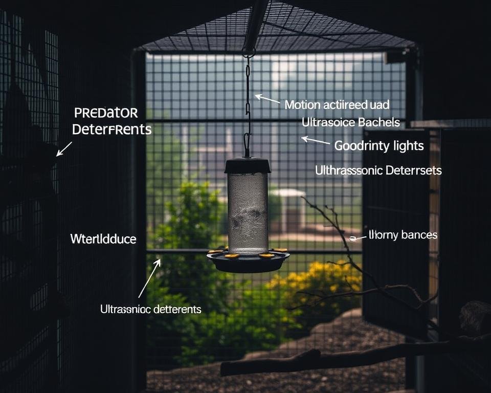 A dimly lit aviary, its wire mesh walls casting long shadows. In the foreground, a bird feeder hangs, surrounded by various predator deterrents - motion-activated lights, ultrasonic deterrents, and strategically placed thorny branches. The middle ground shows a naturalistic landscape, with lush greenery and a weathered wooden perch. The background is hazy, with a soft focus on the aviary's entrance, suggesting the presence of a larger outdoor enclosure. The image conveys a sense of caution and vigilance, highlighting the careful measures taken to protect the avian inhabitants from potential predators, in a visually striking and atmospheric manner.