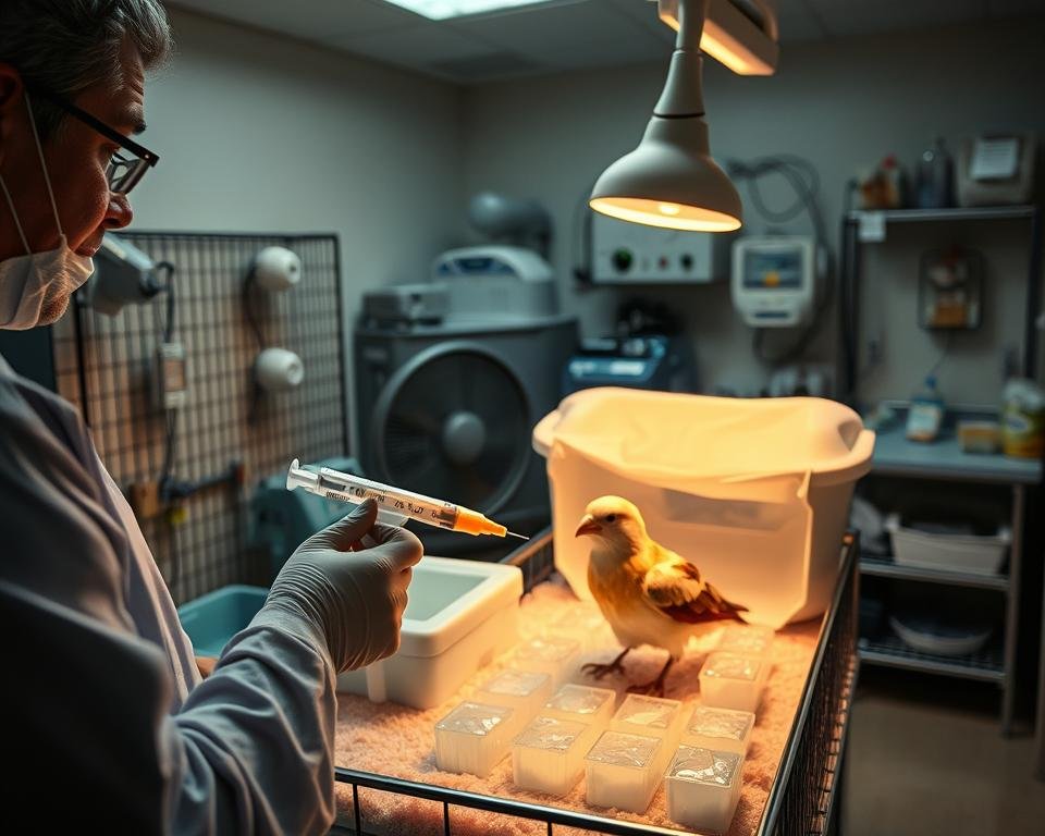 A dimly lit emergency room scene, showcasing various heat stress mitigation techniques for avian creatures. In the foreground, a veterinarian carefully administers fluids to a distressed bird, using a specialized syringe. The middle ground features an array of cooling devices, including a misting fan and ice packs, strategically placed around the patient's enclosure. The background depicts a well-equipped avian care facility, with monitoring equipment and emergency supplies readily available. The lighting is soft and warm, creating a sense of urgency and attentive care. The overall composition conveys the importance of swift action and comprehensive preparation in addressing heat-related avian emergencies.