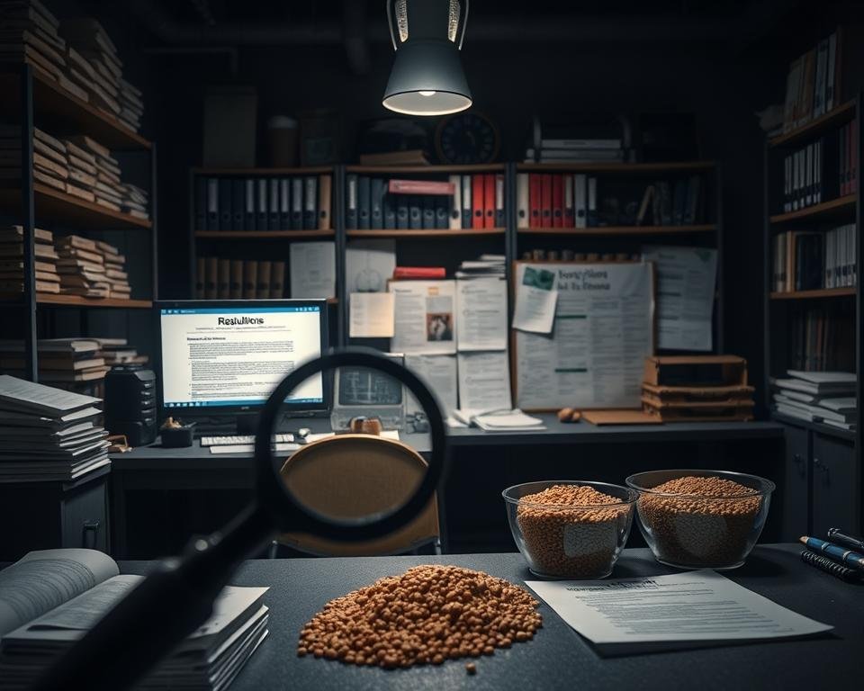 A dimly lit, industrial-style laboratory setting with various regulatory documents, scientific instruments, and soybean meal samples prominently displayed. In the foreground, a magnifying glass or microscope examines a sample, highlighting the importance of careful analysis. The middle ground features a desk with a computer monitor displaying regulations and guidelines, reflecting the need for thorough understanding of the regulatory landscape. The background showcases shelves filled with reference books, legal files, and other materials, conveying the depth of research and attention to detail required. Muted color tones and subtle lighting create a contemplative, serious atmosphere, emphasizing the gravity of regulatory considerations in the context of soybean meal alternatives for poultry diets.