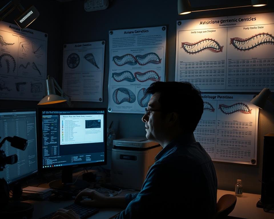 A dimly lit laboratory setting, with an assortment of scientific equipment and charts displaying avian genetic data. In the foreground, a researcher intently examines a computer screen, their expression one of deep concentration. Intricate diagrams of avian genotypes and phenotypes adorn the walls, illuminated by the soft glow of task lamps. The atmosphere is one of quiet contemplation, as the researcher delves into the complex world of quantitative genetics, seeking to unlock the potential of aviculture through the application of statistical tools. Soft shadows cast by the equipment lend a sense of depth and dimension to the scene, while the overall mood conveys the rigor and precision inherent in this field of study.
