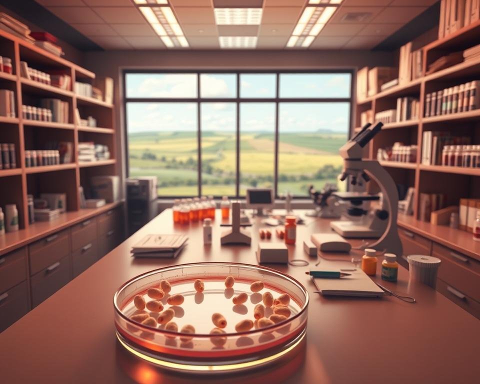 A high-resolution, detailed 3D rendering of a poultry genetics laboratory, featuring a central workbench with various scientific equipment and samples, surrounded by shelves of books and vials. The lighting is warm and focused, creating a professional and authoritative atmosphere. In the foreground, a close-up view of a petri dish containing DNA samples, with a microscope and other precision instruments nearby. In the background, a large window overlooking a pastoral landscape, suggesting the real-world applications of this research. The overall composition conveys the intersection of cutting-edge science and the practical advancement of poultry production.
