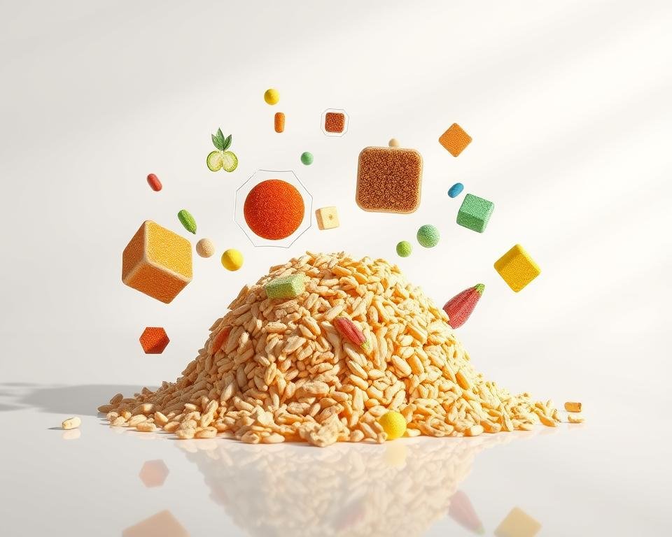 A high-resolution, hyper-realistic 3D rendering of a poultry feed with various nutrient components represented as transparent geometric shapes hovering above and around the feed. The shapes should be color-coded to represent different nutrients like proteins, carbohydrates, fats, vitamins, and minerals. The feed is placed on a reflective, minimalist surface in a brightly lit studio setting with soft, diffuse lighting from multiple angles. The overall scene conveys a sense of scientific analysis and efficiency, inviting the viewer to explore the complexities of nutrient digestibility in poultry diets.