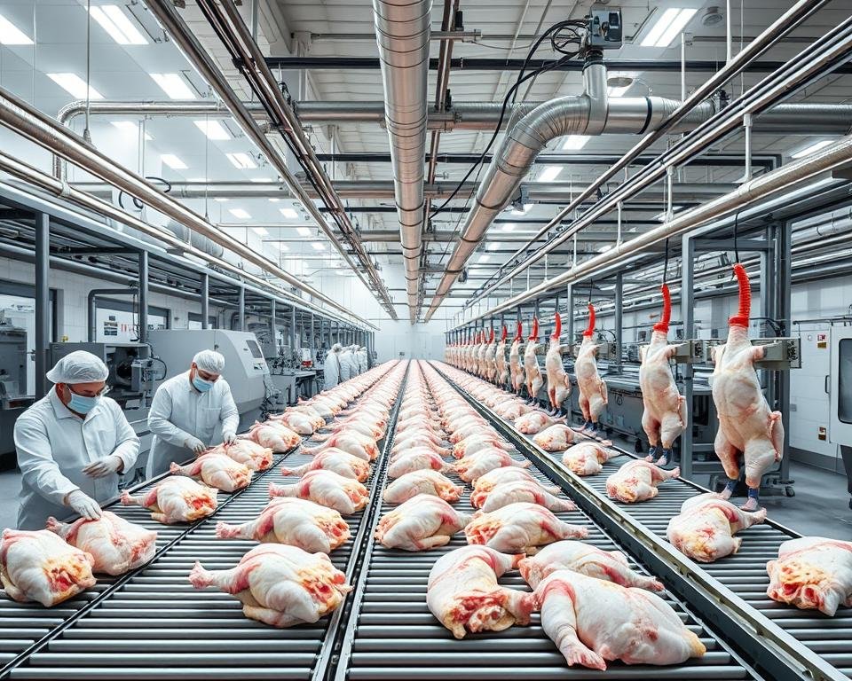 A high-tech poultry processing facility, with a large, modern production line in the foreground. Poultry carcasses moving along a conveyor belt, workers in sterile white uniforms inspecting each bird for quality control. In the middle ground, robotic arms efficiently cutting, trimming, and packaging the meat. Overhead, a network of stainless steel pipes and ducts, providing temperature and humidity control. The background bathed in bright, diffused lighting, creating a clean, hygienic atmosphere. Sleek, industrial design elements throughout, reflecting the latest advancements in poultry processing technology.