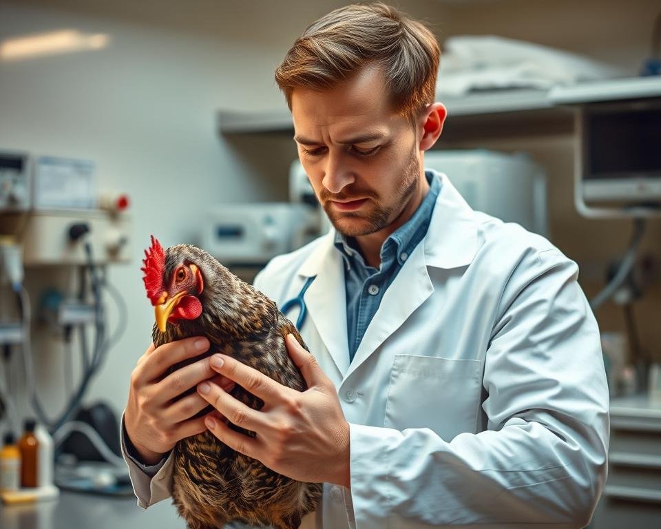 A laboratory setting with a researcher carefully examining a chicken, demonstrating the latest techniques in poultry pain management. Soft lighting casts a warm glow, highlighting the researcher's focused expression as they gently palpate the bird's body. In the background, medical instruments and monitoring equipment suggest an atmosphere of scientific inquiry and compassionate care. The scene conveys a sense of diligence and innovation in the pursuit of understanding and mitigating poultry pain, reflecting the forward-thinking nature of this emerging field of research.
