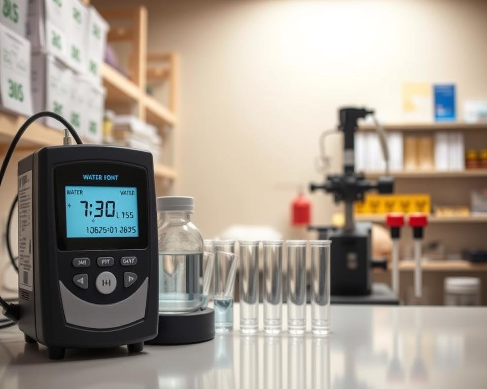 A laboratory setting with a well-equipped testing station for poultry water analysis. The foreground features a digital water quality meter, test tubes, and pipettes. The middle ground showcases a bright, well-lit examination area with a neutral-toned backdrop. In the background, shelves of reference materials and technical manuals provide context. The lighting is natural, with a soft, even illumination that highlights the precision instruments. The overall atmosphere conveys a sense of scientific rigor and attention to detail, reflecting the importance of effective water treatment techniques for poultry.