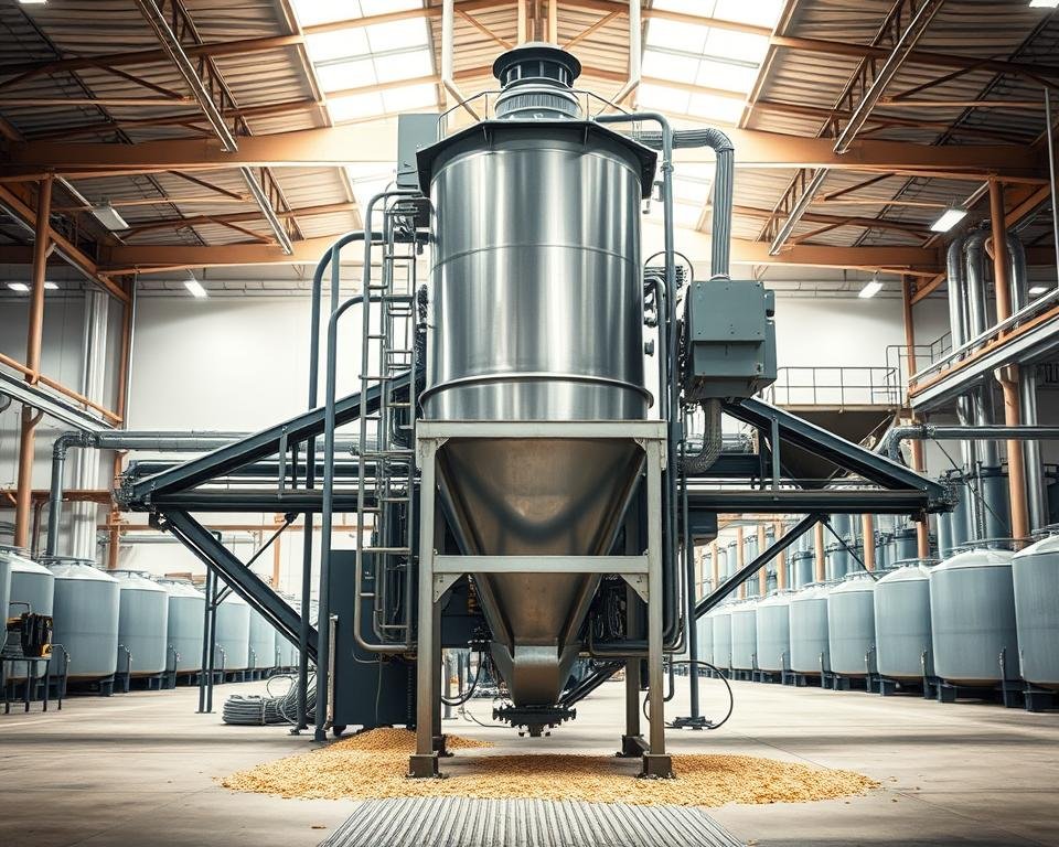 A large, industrial-grade feed mixing machine standing in a brightly lit, modern feed production facility. The machine's sturdy metal frame and powerful motor are the focal point, surrounded by a maze of conveyor belts, chutes, and hoppers. Precise, high-contrast lighting casts dramatic shadows, emphasizing the machine's mechanical complexity. In the background, rows of ingredient silos and storage tanks suggest the scale of the feed manufacturing operation. The overall atmosphere conveys efficiency, technological sophistication, and the importance of the mixing process in delivering high-quality animal feed.