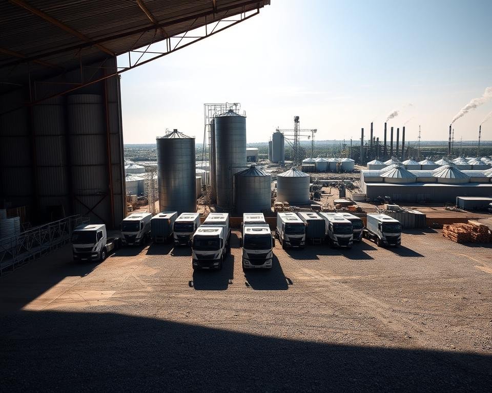 A large industrial shed, its corrugated steel walls casting long shadows across the gravel yard. In the foreground, a fleet of heavy-duty trucks wait to collect and transport vast quantities of poultry waste. Towering silos loom in the middle ground, their conical roofs reflecting the harsh sunlight. The background is dominated by a sprawling complex of processing facilities, their chimneys belching plumes of steam. The overall scene conveys a sense of efficient, large-scale waste management, with an emphasis on the economic aspects of this critical agricultural operation.