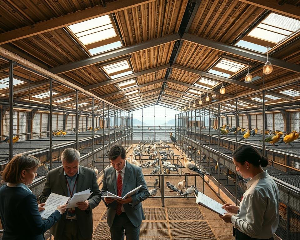 A meticulously audited aviary, bathed in warm, diffused lighting from strategically placed skylights. In the foreground, a team of inspectors pore over detailed checklists, examining the enclosures with keen eyes. The middle ground showcases the aviary's inhabitants - a diverse array of birds, each in optimal health and comfortable conditions. In the background, a panoramic view of the facility's state-of-the-art infrastructure, designed to meet the highest standards of avian welfare. The overall atmosphere conveys a sense of diligent oversight, ensuring the well-being of the feathered subjects under review.