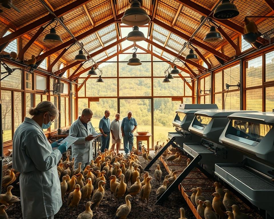 A meticulously designed aviary, its intricate interior bathed in warm, golden light filtering through large windows. In the foreground, a team of aviculturists carefully examine a variety of bird species, making detailed notes on their health and genetic traits. In the middle ground, state-of-the-art incubators and feeding stations stand ready to nurture the next generation of disease-resistant hatchlings. The background reveals a lush, verdant landscape, hinting at the expansive outdoor enclosures where the birds will roam, testing their resilience against the natural environment. The overall scene conveys a sense of scientific rigor, technological innovation, and a deep commitment to avian wellbeing, all in service of implementing an effective breeding program.