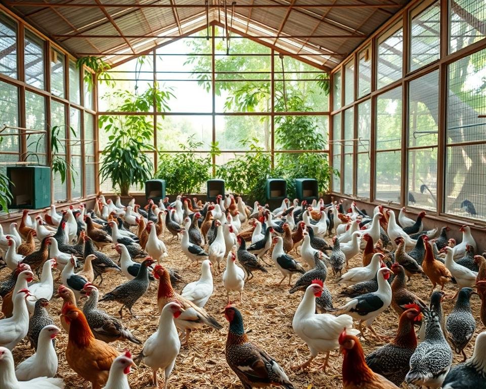A meticulously designed indoor aviary, bathed in soft, natural lighting. In the foreground, a diverse flock of poultry birds - chickens, quails, and pheasants - roam freely, their feathers gleaming. Delicate perches and nesting boxes line the middle ground, while the background reveals lush, verdant greenery spilling in through large windows, creating a serene and harmonious environment. The scene conveys a careful balance between the birds' needs and their genetic diversity, with subtle cues hinting at the thoughtful management techniques employed to maintain a healthy, thriving population.