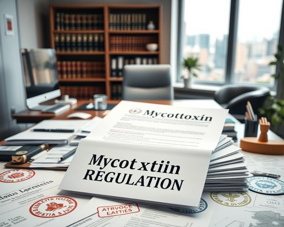 A meticulously designed regulatory landscape, depicting an array of formal documents, stamps, and seals against a backdrop of a clean, professional office setting. The foreground showcases a stack of papers emblazoned with "Mycotoxin Regulations," surrounded by a well-organized desk with a computer, pen holder, and other office supplies. The middle ground features a bookshelf filled with legal tomes, while the background reveals a window overlooking a cityscape, conveying a sense of authority and attention to detail. The lighting is soft and directional, highlighting the important documents and creating a sense of gravitas and importance, reflecting the serious nature of the subject matter.