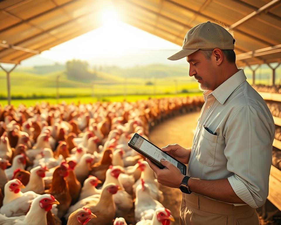 A modern poultry farm, bright and airy, with rows of healthy chickens in carefully selected coops. In the foreground, a farmer carefully examines a flock, selecting the best specimens for breeding based on detailed genetic data displayed on a tablet. The middle ground showcases state-of-the-art incubation facilities, where the next generation of superior birds is being carefully nurtured. In the background, verdant fields and rolling hills create a serene, pastoral scene, reflecting the harmony between nature and advanced aviculture practices. Warm, golden lighting bathes the entire composition, conveying a sense of progress and prosperity in the world of poultry genetics.