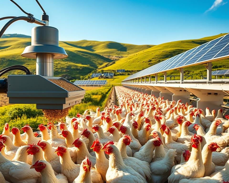 A modern poultry farm nestled amidst lush rolling hills, bathed in warm afternoon sunlight. In the foreground, a precision feeding system meticulously distributes nutrient-rich pellets to a flock of content chickens, their feathers glistening. The middle ground reveals sleek, well-ventilated coops with automated monitoring systems, ensuring optimal temperature and humidity. In the background, rows of solar panels power the state-of-the-art equipment, symbolizing sustainable, eco-conscious farming practices. The scene exudes a sense of efficiency, technological integration, and a deep respect for the animals' wellbeing, capturing the essence of precision poultry farming.