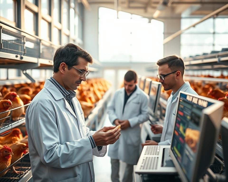 A modern, well-equipped poultry research lab, bathed in warm, natural lighting from large windows. In the foreground, a scientist in a white lab coat carefully examining a sample of feed, while next to them, a team of researchers pore over data on sleek computer monitors. In the background, rows of cages housing healthy, vibrant chickens, their feathers gleaming under the soft, diffused illumination. The atmosphere conveys a sense of diligent scientific inquiry, focused on optimizing poultry nutrition to support overall bird health and well-being.