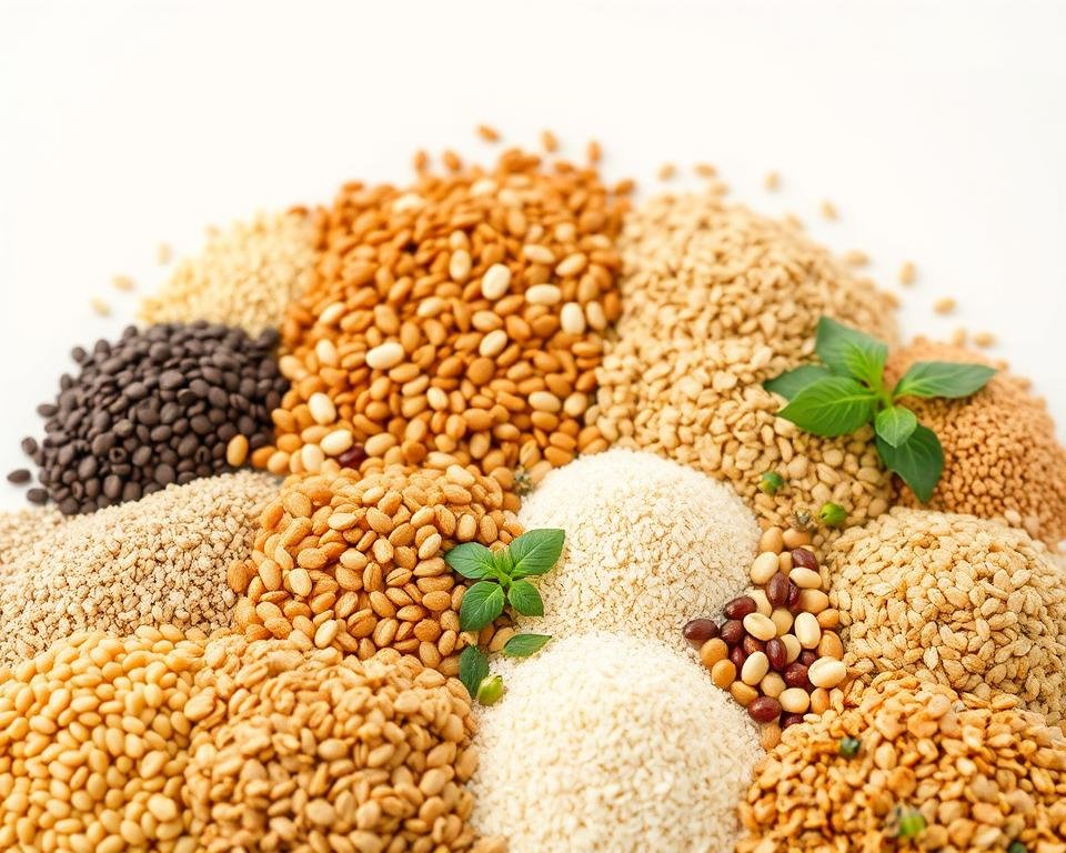 A neatly organized arrangement of various types of poultry feed ingredients, such as grains, legumes, oilseeds, and vitamin-mineral supplements, set against a clean, well-lit backdrop. The foreground showcases the diverse components in clear view, while the middle ground depicts their proportional blending in a formulation. The background features a soft, neutral tone that emphasizes the technical nature of the subject. Captured with a shallow depth of field, the image conveys a sense of precision and attention to detail, reflecting the importance of balanced nutrition for optimal poultry performance.