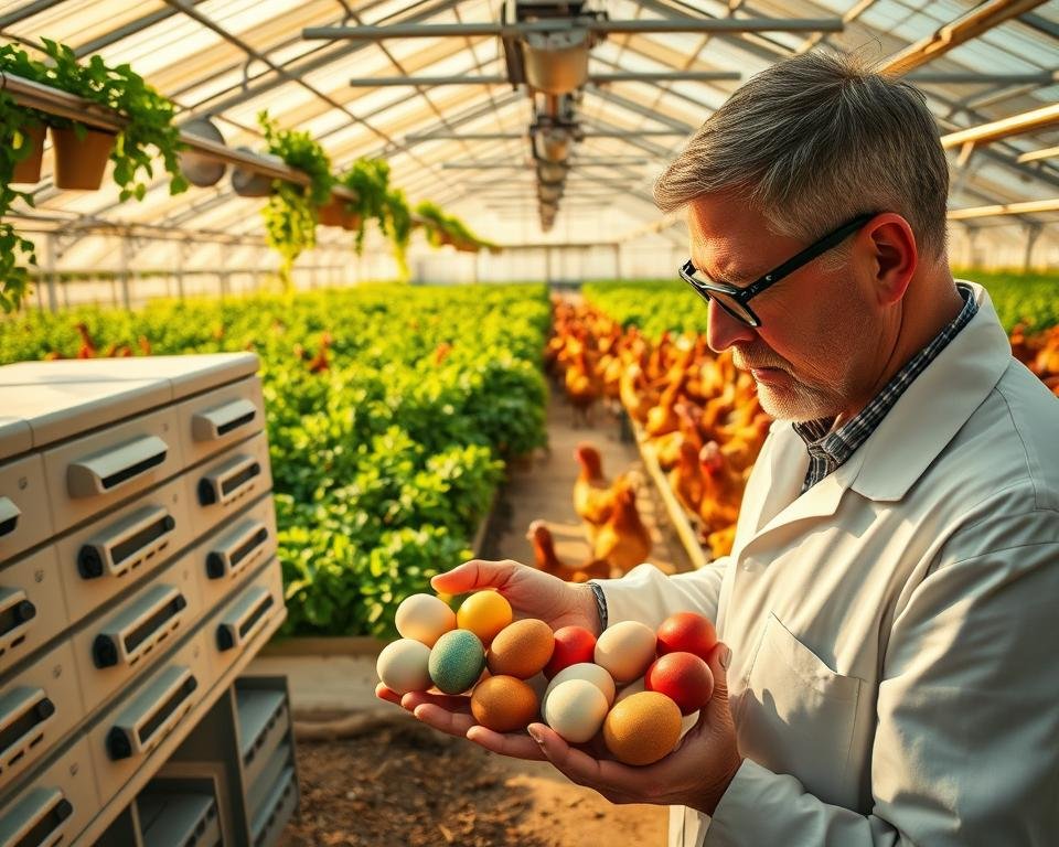 A panoramic view of a modern poultry conservation lab, bathed in warm, golden lighting. In the foreground, a scientist carefully handles a clutch of colorful heritage breed eggs, examining them with a magnifying glass. In the middle ground, rows of high-tech incubators and gene sequencing equipment stand ready to preserve the genetic diversity of rare fowl. The background reveals a sprawling greenhouse filled with lush, verdant foliage - a haven for thriving flocks of majestic, heritage chickens, ducks, and other poultry. The scene conveys a harmonious blend of cutting-edge technology and the timeless beauty of nature's feathered wonders.