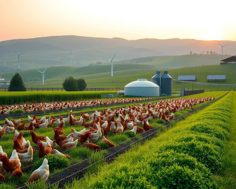 A pastoral scene of a modern, sustainable poultry farm. In the foreground, rows of coops with free-range chickens foraging in a well-maintained, verdant pasture. In the middle ground, a state-of-the-art anaerobic digester converts poultry litter into renewable biogas and nutrient-rich fertilizer. In the background, rolling hills under a warm, golden-hour sky, with wind turbines and solar panels harnessing clean energy. The scene is bathed in soft, diffused light, creating a tranquil, eco-friendly atmosphere.