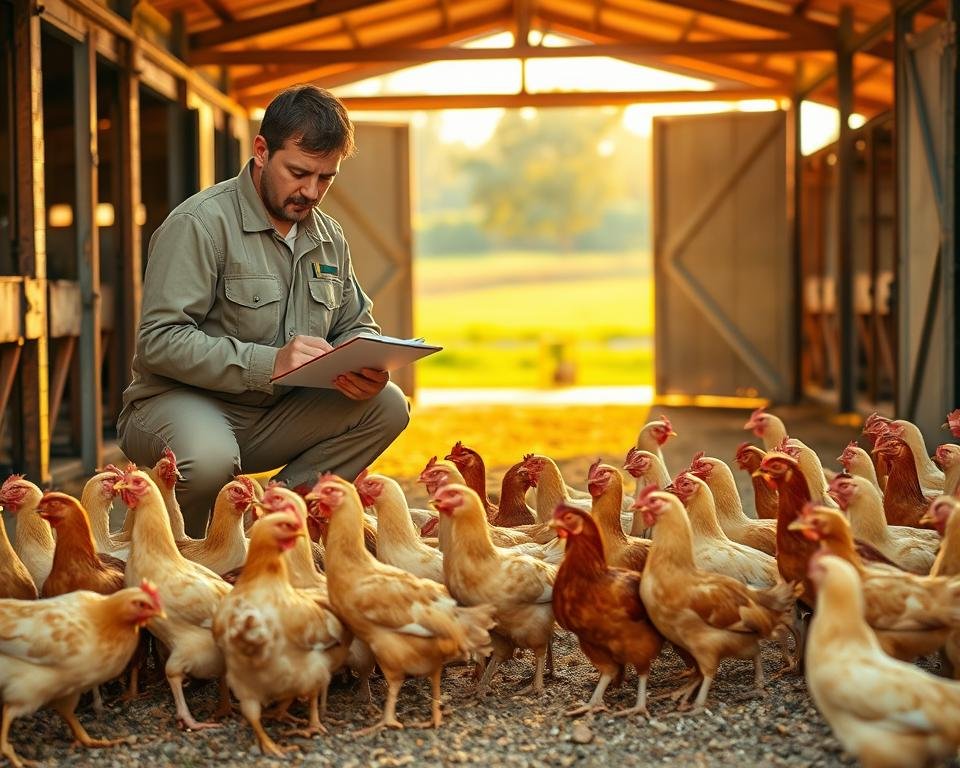 A poultry farm inspector meticulously examines the flock, clipboard in hand, against a backdrop of well-maintained coops and verdant pastures. Warm afternoon sunlight filters through the open barn doors, casting a golden glow over the scene. In the foreground, a cluster of healthy, clucking chickens peck at the ground, their feathers gleaming. The inspector, dressed in a khaki uniform, crouches down to observe the birds more closely, their calm demeanor suggesting a thriving, well-cared-for operation. The overall atmosphere conveys a sense of order, diligence, and a commitment to maintaining the highest standards of poultry farming.