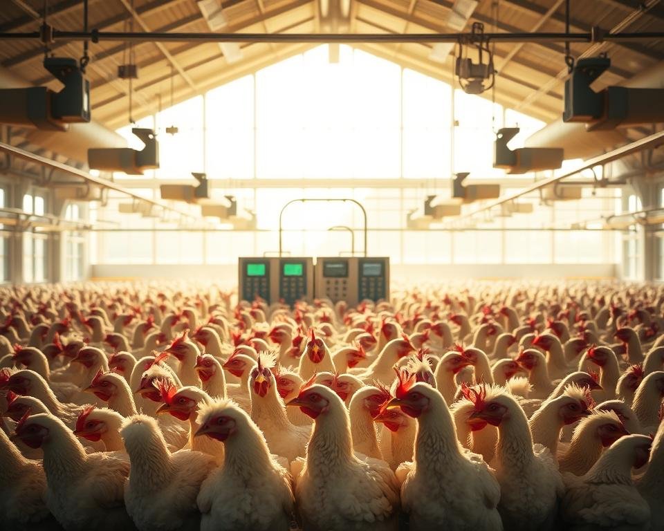 A poultry farm interior bathed in soft, diffused natural light filtering through large windows. In the foreground, a group of broilers huddled under strategically placed heating lamps, their feathers ruffled contentedly. In the middle ground, an array of digital climate control panels and ventilation ducts, meticulously maintained by attentive farm staff. The background showcases an expansive, climate-regulated environment, with precisely regulated temperature, humidity, and airflow to ensure the optimal growing conditions for the flock. The scene conveys a sense of technological sophistication harmonized with animal welfare, creating an atmosphere of efficient, sustainable poultry farming.