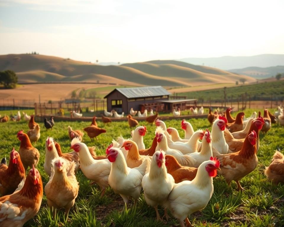 A poultry farm nestled in a pastoral landscape, with a group of chickens in the foreground. The chickens are of diverse breeds and ages, displaying natural behaviors like foraging and interacting. The middle ground features a well-designed coop with ample space and enrichment, signifying efforts to maintain genetic diversity. In the background, rolling hills and a serene sky create a sense of balance and tranquility. The lighting is soft and natural, capturing the essence of a healthy, thriving poultry environment. The scene conveys a message of responsible animal husbandry, where inbreeding risks are identified and mitigated through thoughtful management practices.