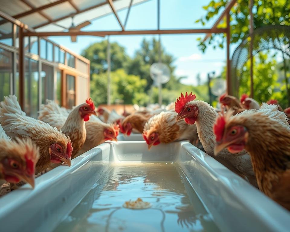 A poultry farm on a hot summer day. In the foreground, a group of chickens eagerly drinking from a clean, well-stocked water trough. Their feathers ruffled, beaks dipping in and out of the refreshing liquid. The middle ground reveals the well-ventilated coop, with fans gently circulating the air. Sunlight streams in through large windows, casting a warm glow over the scene. In the background, lush green foliage and a clear blue sky, creating a peaceful, idyllic atmosphere. The lighting is soft and natural, highlighting the birds' movements as they hydrate during the heat stress.