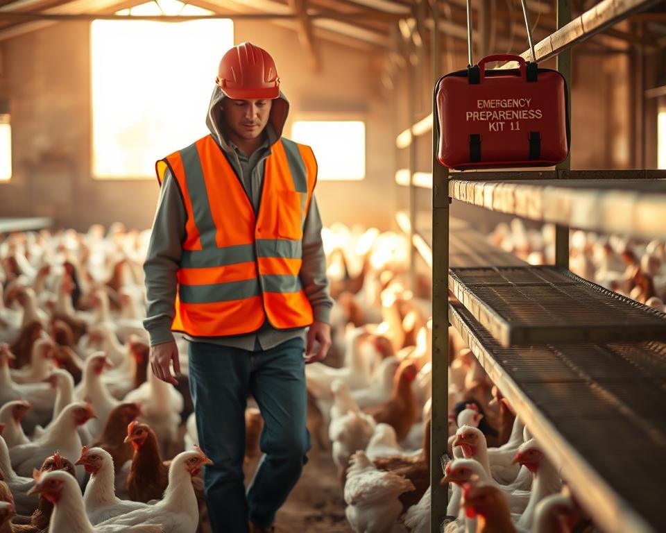 A poultry farm worker in a bright orange safety vest walks purposefully amidst a flock of chickens, assessing the enclosure. Sunlight streams through the open windows, casting a warm glow on the scene. The worker's face is obscured, emphasizing their vigilance and focus on the task at hand. In the background, a well-stocked emergency preparedness kit sits on a sturdy shelf, a reminder of the importance of safety protocols in this dynamic agricultural setting. The image conveys a sense of order, responsibility, and the worker's dedication to maintaining a secure and hazard-free environment for both the livestock and their own well-being.