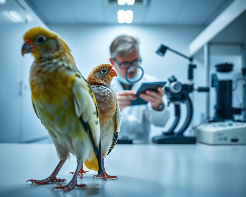 A selective breeding program for disease resistance in birds, with a focused, analytical composition. In the foreground, two avian specimens - one healthy, the other afflicted - stand in profile, their physical differences highlighted. In the middle ground, a researcher examines genetic data, magnifying glass in hand, surrounded by scientific equipment. The background depicts a sterile, clinical laboratory environment, with clean white surfaces and precise lighting casting an introspective mood. The scene conveys the rigor and dedication required to breed birds with enhanced immunity, a crucial aspect of aviculture.