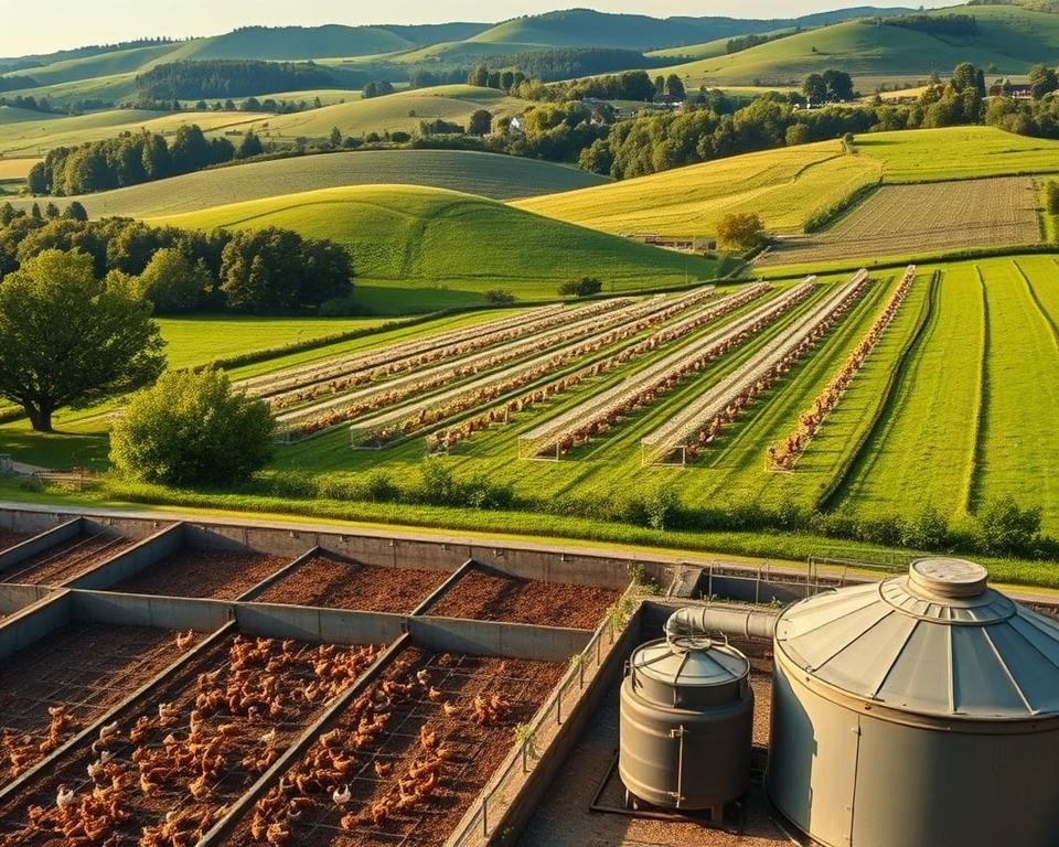 A serene poultry farm nestled in a lush, verdant landscape. In the foreground, a well-designed manure management system with modern composting bays and biogas digesters, showcasing sustainable waste handling practices. The middle ground features rows of healthy, free-range chickens roaming amid neatly tended coops. Soft, diffused lighting illuminates the scene, creating a sense of tranquility. In the background, rolling hills and a clear sky evoke a peaceful, pastoral atmosphere. The overall composition conveys a harmonious balance between efficient poultry production and environmentally-conscious waste management. A serene poultry farm nestled in a lush, verdant landscape. In the foreground, a well-designed manure management system with modern composting bays and biogas digesters, showcasing sustainable waste handling practices. The middle ground features rows of healthy, free-range chickens roaming amid neatly tended coops. Soft, diffused lighting illuminates the scene, creating a sense of tranquility. In the background, rolling hills and a clear sky evoke a peaceful, pastoral atmosphere. The overall composition conveys a harmonious balance between efficient poultry production and environmentally-conscious waste management.