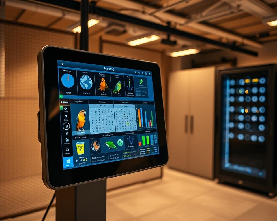 A sleek, modern aviary record tracking system, its digital display showcasing meticulously organized avian data. In the foreground, an intuitive touchscreen interface allows seamless record management, while a high-resolution camera captures detailed images of each bird. The middle ground features an array of sensors monitoring temperature, humidity, and other environmental factors critical to the birds' wellbeing. In the background, a server rack hums softly, processing the collected data and generating automated reports, streamlining the record-keeping process. Warm, diffused lighting creates a serene, professional atmosphere, highlighting the efficiency and precision of this advanced aviary automation solution.
