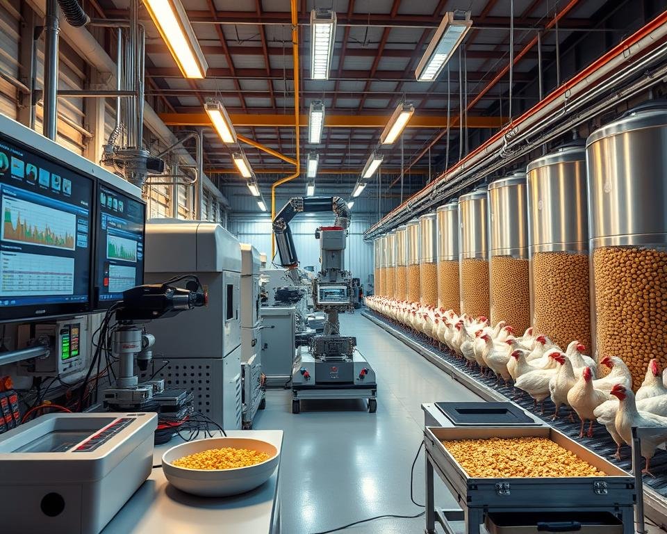 A state-of-the-art poultry feed quality control lab, bathed in warm, focused lighting. In the foreground, a high-tech analysis station with various sensors, displays, and diagnostic tools meticulously examining feed samples. In the middle ground, a robotic feeding system precisely calibrates and dispenses the optimal mixture. The background showcases rows of computerized feed storage silos, their contents constantly monitored for quality and consistency. An atmosphere of precision, efficiency, and technological mastery pervades the scene, reflecting the advanced methods used to ensure the highest standards of poultry feed quality.