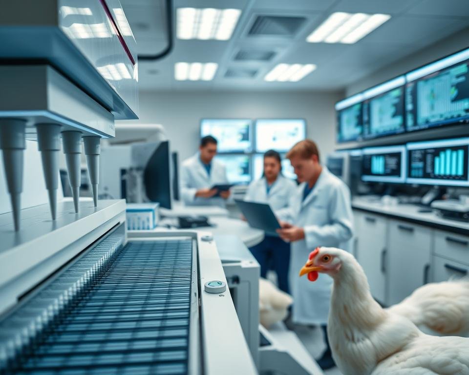 A state-of-the-art poultry genomics laboratory with high-tech equipment and researchers in white coats examining DNA samples. The foreground features a close-up view of a genetic sequencing machine and pipettes. In the middle ground, scientists are using laptops and discussing data visualizations. The background showcases a wall of computer monitors displaying genomic analysis software. Soft, cool-toned lighting illuminates the scene, creating a professional, scientific atmosphere. The overall composition conveys the scientific rigor and technological sophistication involved in modern poultry genomics research.