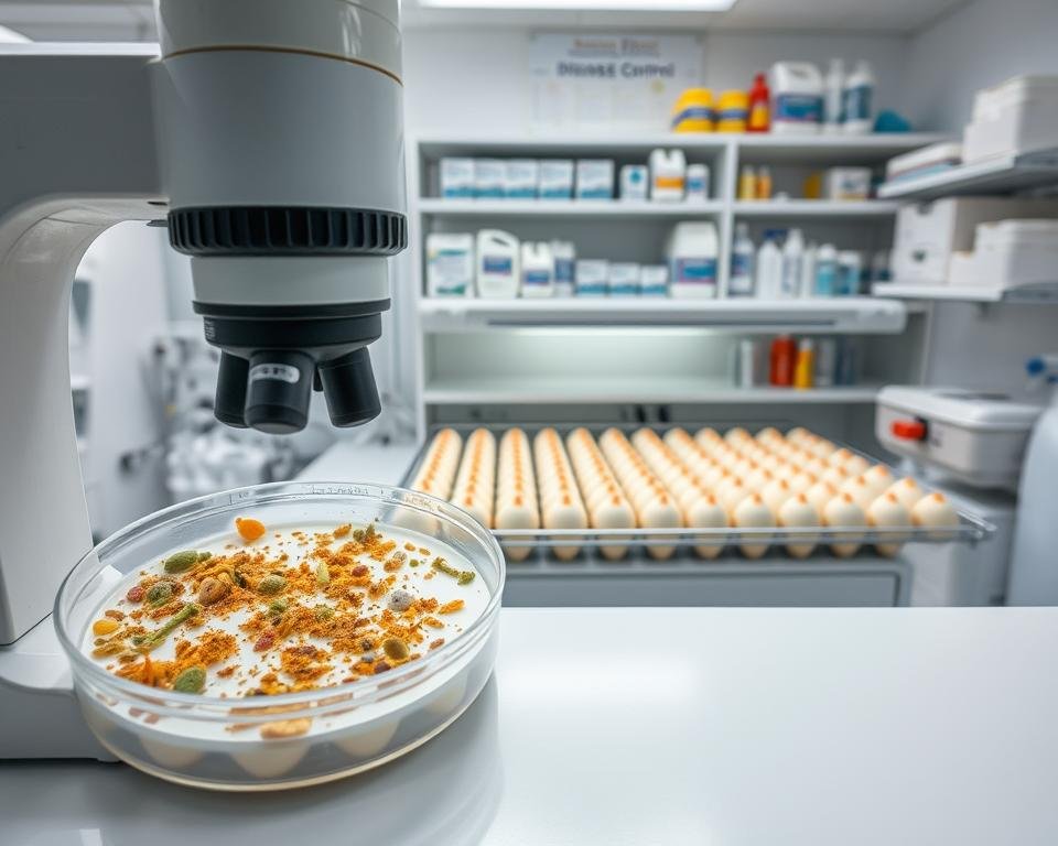 A sterile, clinical laboratory setting with various medical equipment and tools. In the foreground, a closeup view of a petri dish filled with a diverse array of microorganisms under a high-powered microscope lens. The middle ground showcases an incubator with carefully monitored temperature and humidity, housing rows of incubating eggs. The background features shelves stocked with diagnostic kits, disinfectants, and other disease control supplies. Soft, even lighting illuminates the scene, creating a sense of precision and order. The overall atmosphere conveys the importance of maintaining a healthy, pathogen-free environment for successful hatchability.