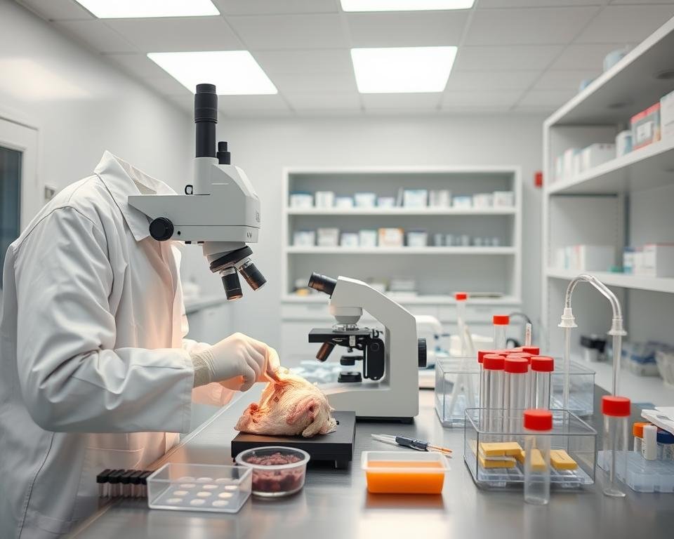 A sterile laboratory setting, with clean white walls and bright, diffused lighting. In the foreground, a technician in a clean white lab coat and gloves carefully examines a sample from a poultry specimen under a high-powered microscope. The middle ground features various medical equipment and diagnostic tools, including syringes, petri dishes, and test tubes, all arranged neatly on a stainless steel counter. In the background, shelves of carefully labeled samples and reference materials provide a sense of the scientific rigor and attention to detail required for effective poultry disease prevention.