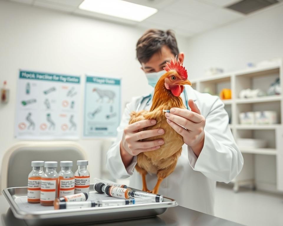 A sterile veterinary clinic interior with bright, even lighting and a crisp, clean atmosphere. In the foreground, a veterinarian in a white lab coat carefully administering a vaccine to a healthy, alert chicken, holding it securely yet gently. In the middle ground, a tray of labeled vaccine vials and syringes, alongside a poster illustrating proper vaccination techniques. The background shows shelves of medical supplies and equipment, conveying a sense of professionalism and attention to detail in poultry healthcare. A sterile veterinary clinic interior with bright, even lighting and a crisp, clean atmosphere. In the foreground, a veterinarian in a white lab coat carefully administering a vaccine to a healthy, alert chicken, holding it securely yet gently. In the middle ground, a tray of labeled vaccine vials and syringes, alongside a poster illustrating proper vaccination techniques. The background shows shelves of medical supplies and equipment, conveying a sense of professionalism and attention to detail in poultry healthcare.
