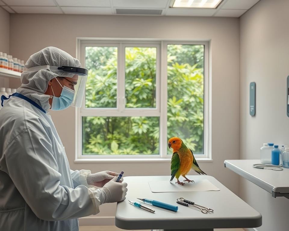 A sterile, well-lit veterinary clinic interior. In the foreground, a veterinarian in full protective gear examines a bird on an examination table, surrounded by medical instruments. In the middle ground, shelves display bottles of avian medication and vaccines. The background depicts a window overlooking lush greenery, symbolizing the natural habitat of the birds. The lighting is soft and clinical, conveying a sense of professionalism and care. The overall atmosphere is one of diligence, expertise, and a commitment to maintaining the health and well-being of the avian patients.