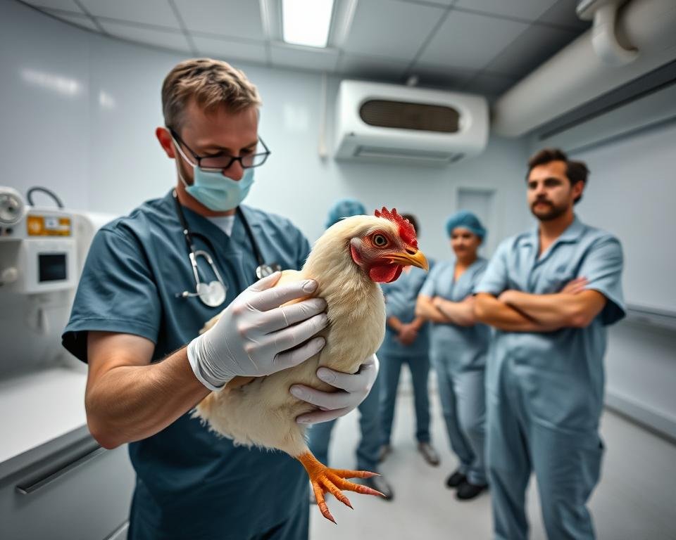 A sterile, well-lit veterinary facility. In the foreground, a poultry specialist in scrubs and gloves gently holds a chicken, administering a lethal injection with a precise, compassionate touch. The bird's eyes are calm, its movements still. In the middle ground, other specialists observe the procedure, their expressions conveying professionalism and empathy. The background features modern medical equipment, pristine white surfaces, and the quiet hum of an HVAC system - a controlled environment for the humane euthanasia of poultry. The lighting is soft, diffuse, highlighting the solemnity of the scene. An image that captures the implementation of ethical euthanasia protocols with dignity and care.