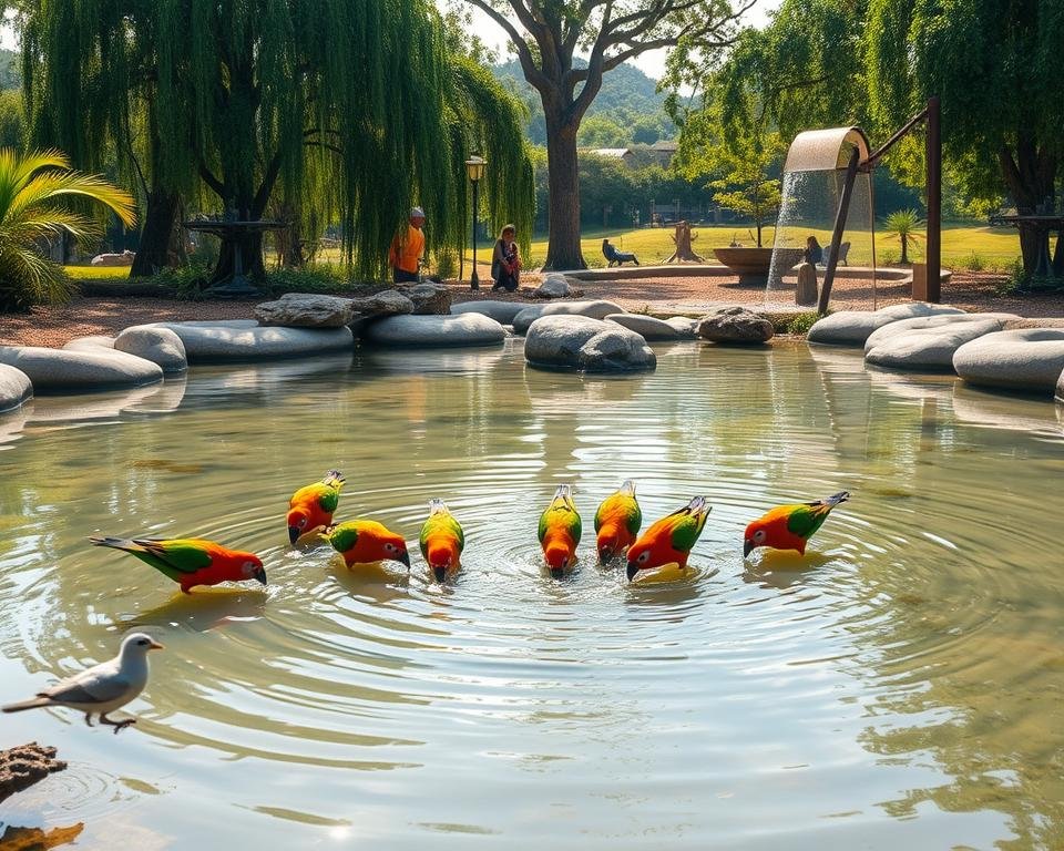 A sun-dappled aviary with a serene water feature at its center. In the foreground, a group of vibrant, healthy birds drinking and bathing in the clear, gently rippling water. The middle ground showcases an artfully designed, natural-looking pond with gently sloping banks, surrounded by lush foliage and smooth river rocks. The background depicts a tranquil, verdant landscape with towering trees and a soft, diffused sky. The lighting is warm and inviting, casting a golden glow across the scene, emphasizing the harmony between the birds and their carefully curated water management system.