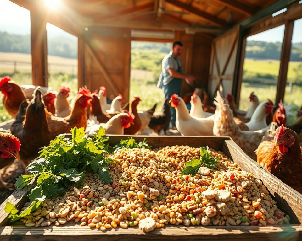 A sun-dappled poultry coop on a hot summer day, with attentive chickens pecking at a varied spread of nutritious feed. In the foreground, an array of fresh greens, grains, and protein-rich ingredients laid out in a rustic wooden trough. Warm, golden light filters through the open coop doors, casting a soft glow on the feathered inhabitants. In the middle ground, a farmer meticulously monitors the birds' water and feed levels, ensuring their well-being. The background features a lush, verdant landscape, hinting at the bountiful natural resources available to the flock. The scene evokes a sense of tranquility, balance, and the farmer's dedication to the poultry's optimal nutrition during the challenging heat.