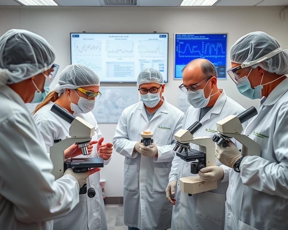 A team of avian disease experts standing together in a sterile laboratory, wearing protective gear and examining specimens under high-powered microscopes. Bright, even lighting illuminates their focused expressions as they collaborate to develop strategies for managing and containing an outbreak. In the background, a wall-mounted display shows detailed graphs and charts, providing crucial data to guide their decision-making. The atmosphere is one of controlled urgency, with a sense of purpose and determination to protect the health of poultry flocks. Shallow depth of field emphasizes the central figures, creating a sense of depth and professionalism.