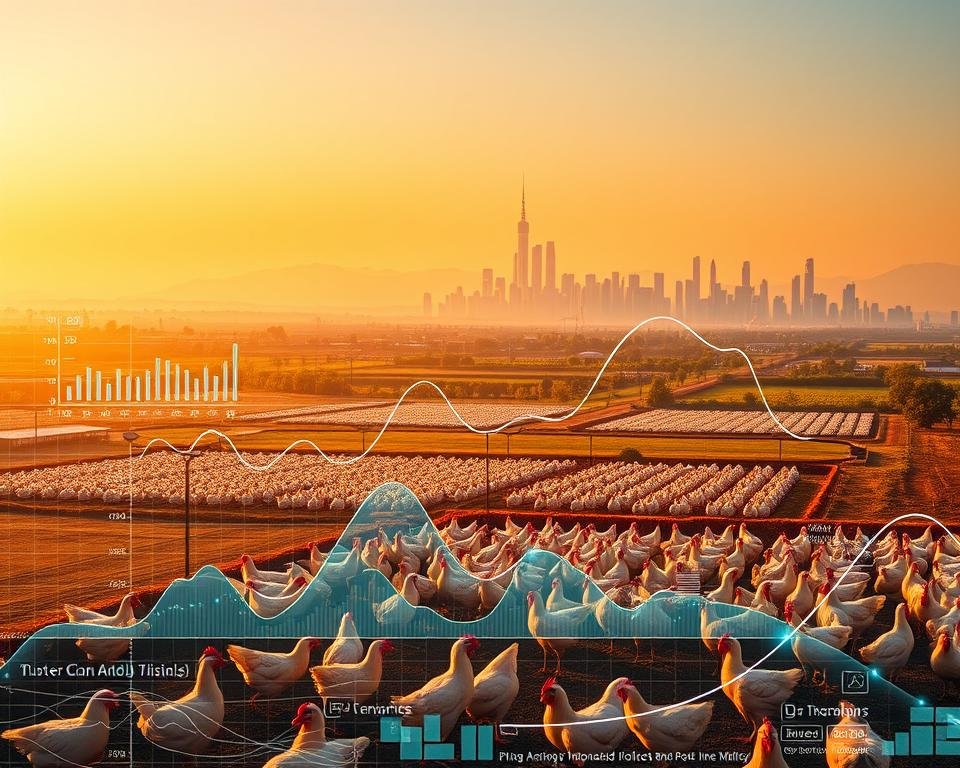 A vast, data-driven landscape unfolds, showcasing the intricate trends and insights of the poultry industry. In the foreground, a series of interactive graphs and charts come to life, revealing the ebbs and flows of production, consumption, and market dynamics. The middle ground features a panoramic view of automated poultry farms, where cutting-edge technologies like IoT sensors and AI-powered monitoring systems collect and analyze real-time data. In the background, a gleaming city skyline symbolizes the integration of urban centers with the rural poultry industry, highlighting the ever-evolving relationship between data and decision-making. The scene is bathed in a warm, golden light, conveying a sense of progress and optimism for the future of data-driven poultry farming.